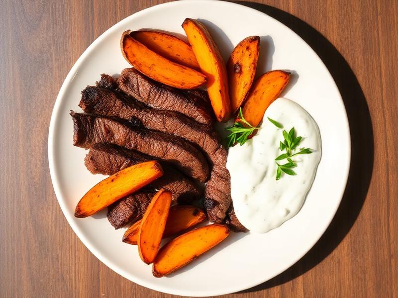 Steak, Sweet Potato and Peppercorn Yoghurt